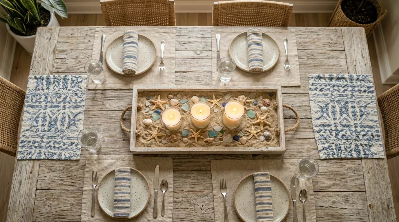 Coastal shelf decor with blue glass bottles and matte ceramic vases.