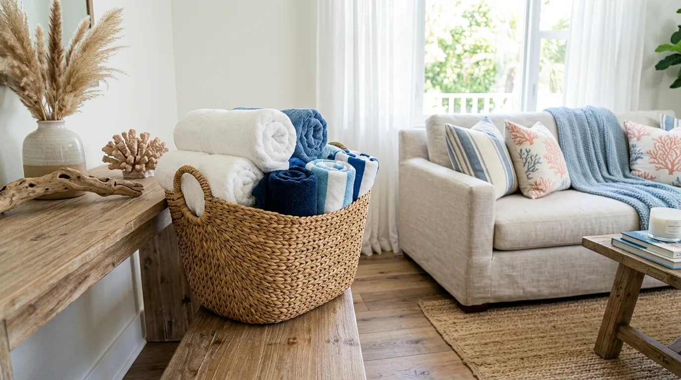 Beachy living room grounded with a jute rug and coastal neutral styling.