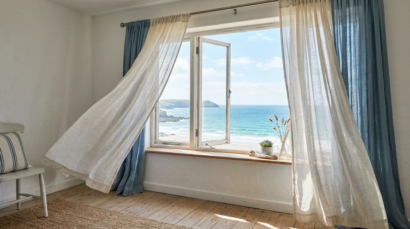 Coastal home decor with lanterns, candlelight, and warm evening beach vibes.