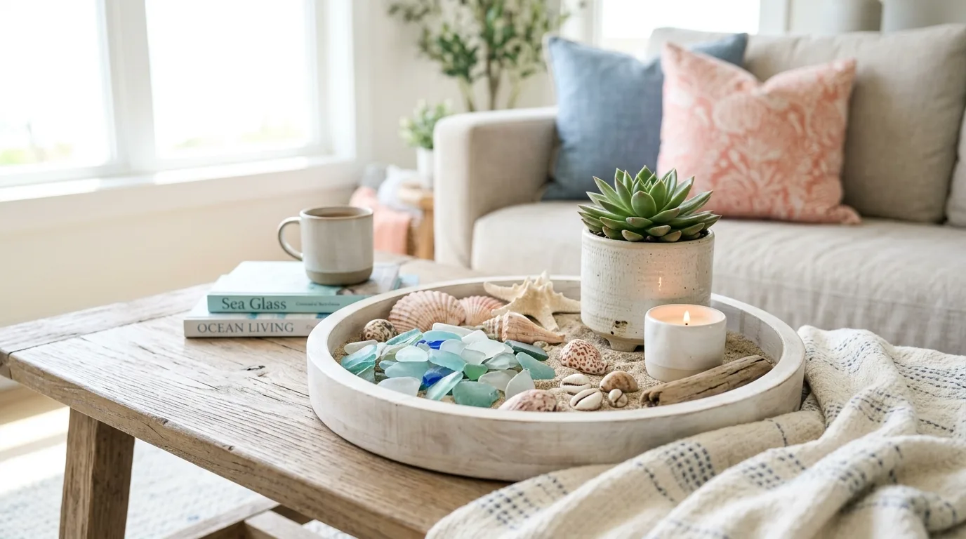 Coastal interior with indoor greenery, pale decor, and breezy beach-house styling.