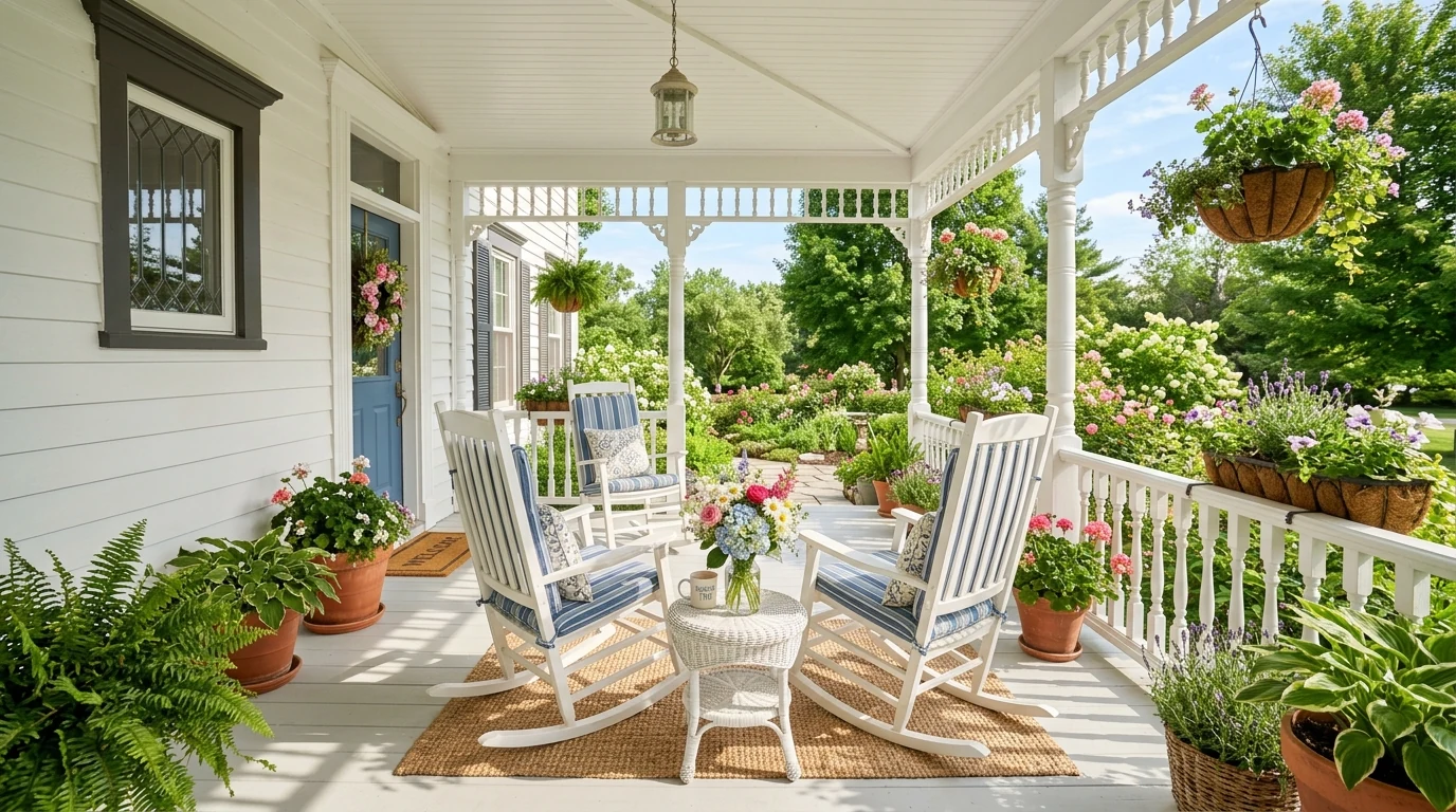 Bright summer porch decor refreshing a welcoming front entryway.
