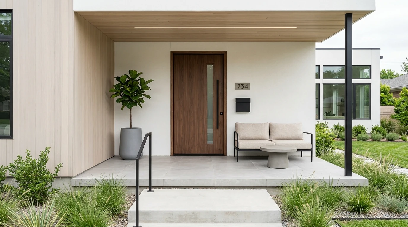 Coastal summer porch in blue and white with an airy welcoming look.