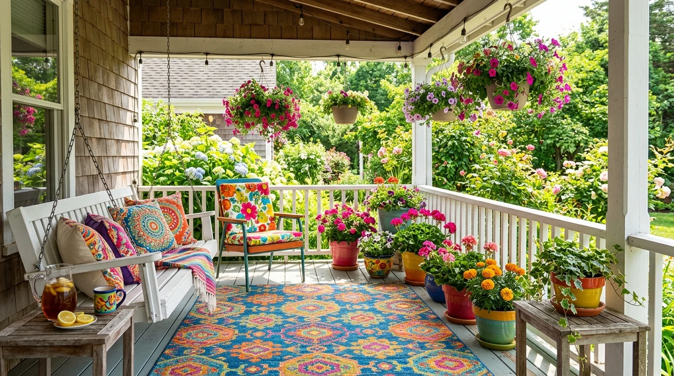 Summer porch styled with a striped rug and woven texture accents.