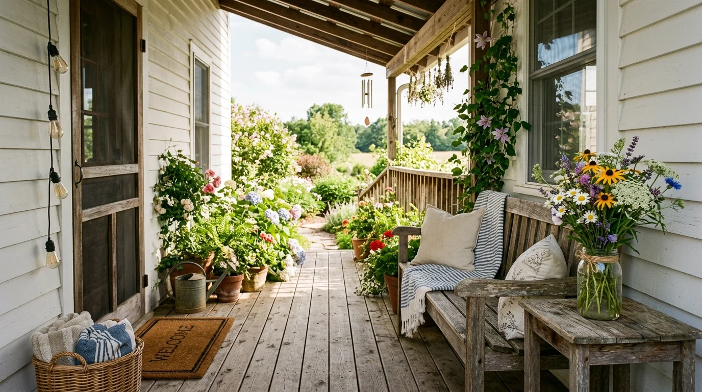 Cheerful summer porch decorated with sunflowers for a bright welcome.