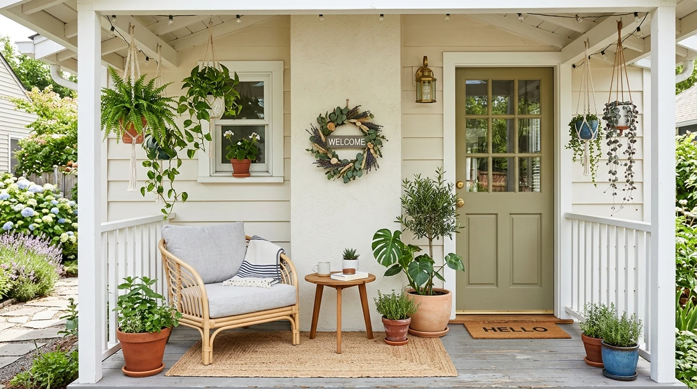 Modern summer porch focused on lush greenery and simple fresh styling.