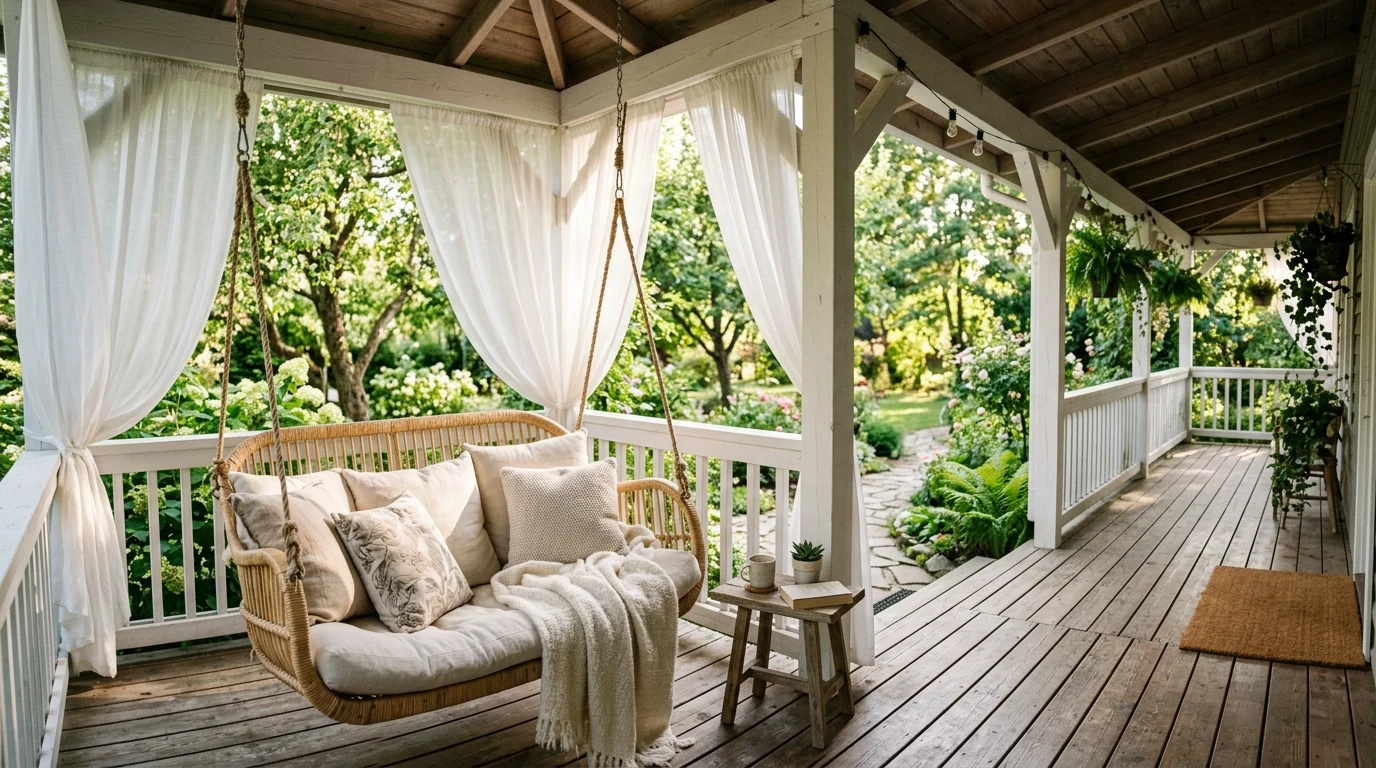 Summer porch with lemon accents and lanterns for a breezy entry look.