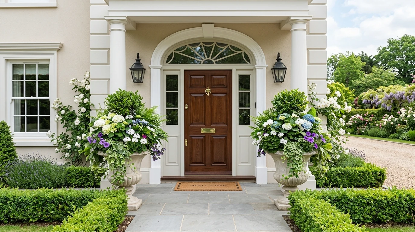 Pastel summer porch with layered florals and a welcoming entryway feel.