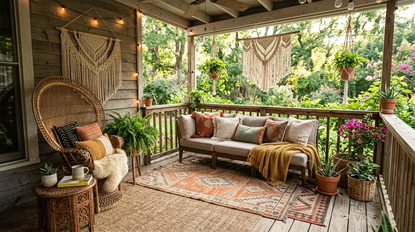 Summer porch bench styled with light throws and welcoming cushions.