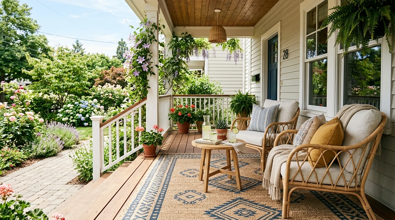 Tropical summer porch with bold foliage and colorful front door styling.