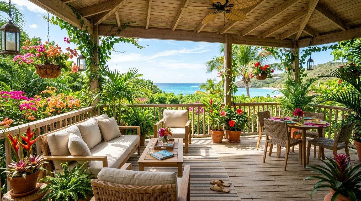 Minimal white summer porch with green potted plants and fresh styling.