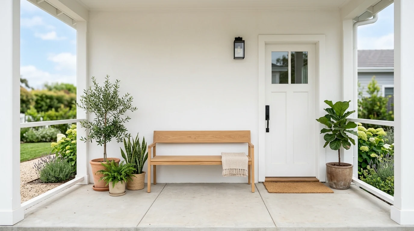 Summer porch with subtle patriotic accents and a refreshed welcoming entry.