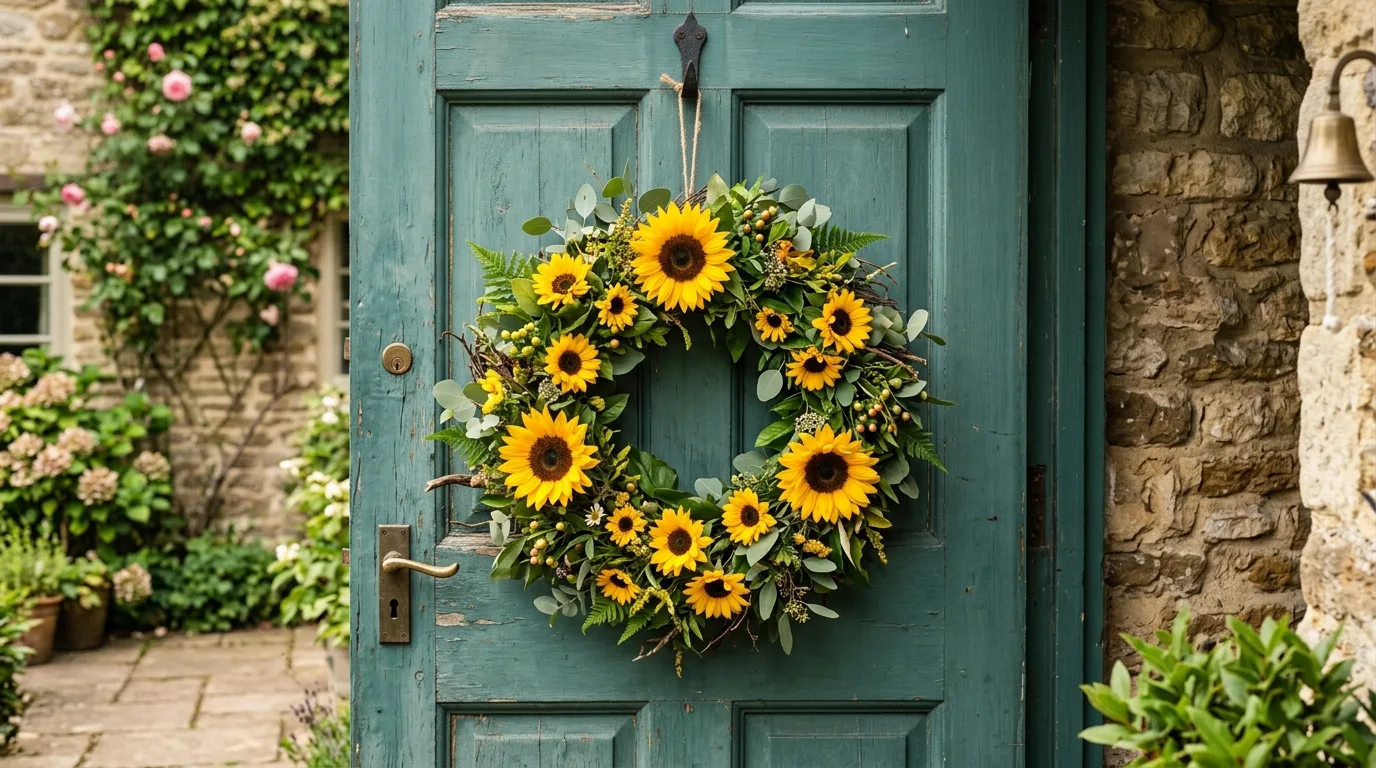 Bright sunflower summer wreath hanging on a wooden front door in soft sunlight.