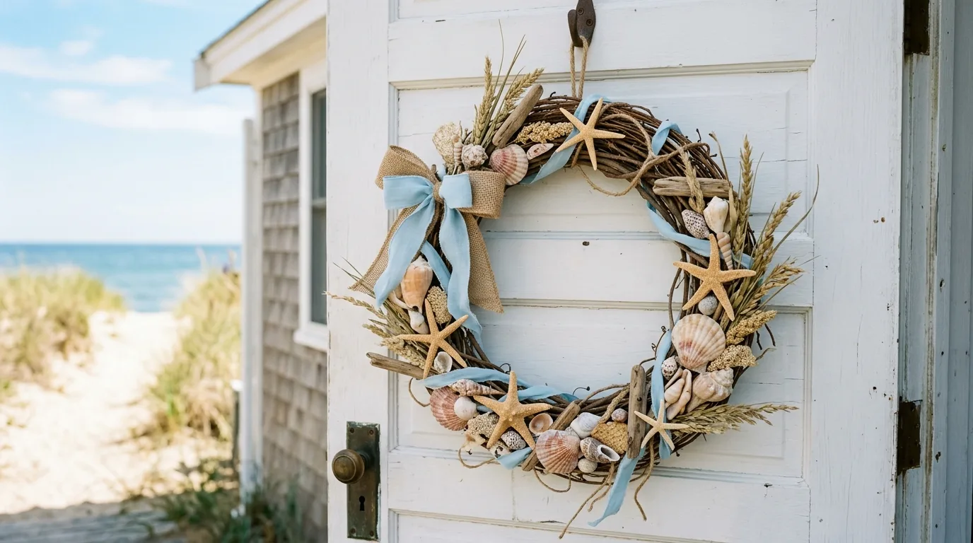 Coastal-inspired summer wreath with shells, starfish, and blue ribbon on a white door.