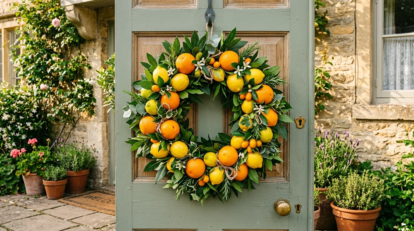 Citrus-themed summer wreath with oranges, lemons, and greenery on a neutral door.