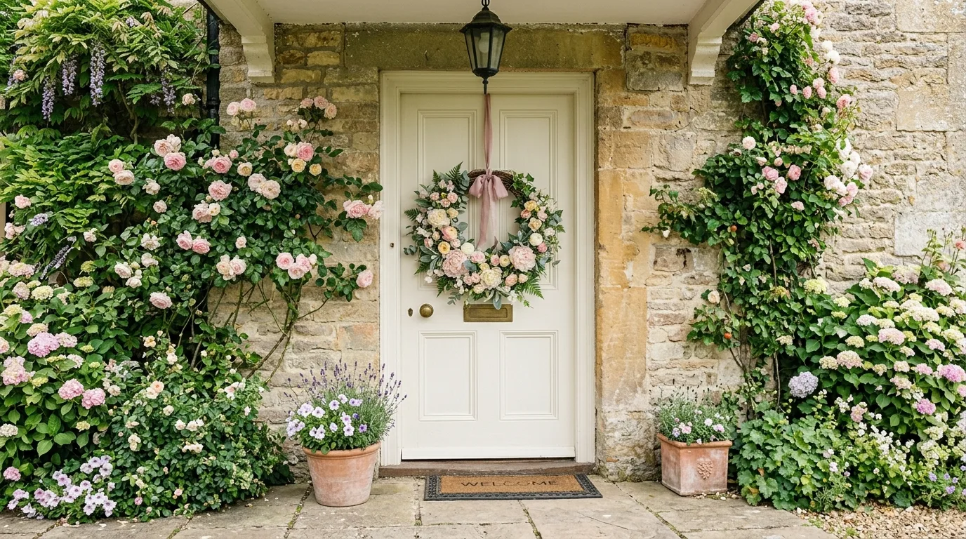 Floral summer wreath with pastel roses, peonies, and greenery on a front door.