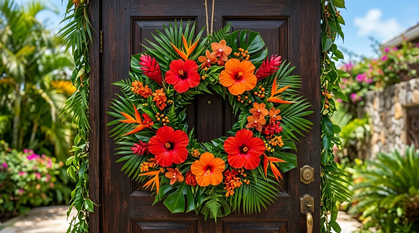 Tropical summer wreath with palm leaves and hibiscus flowers on a dark door.