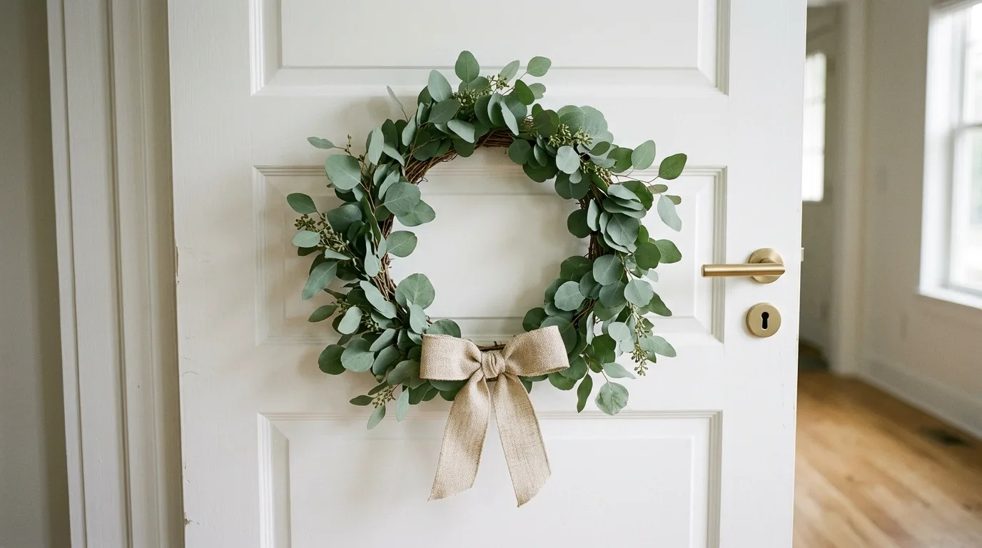 Minimalist eucalyptus summer wreath with a linen bow on a white door.