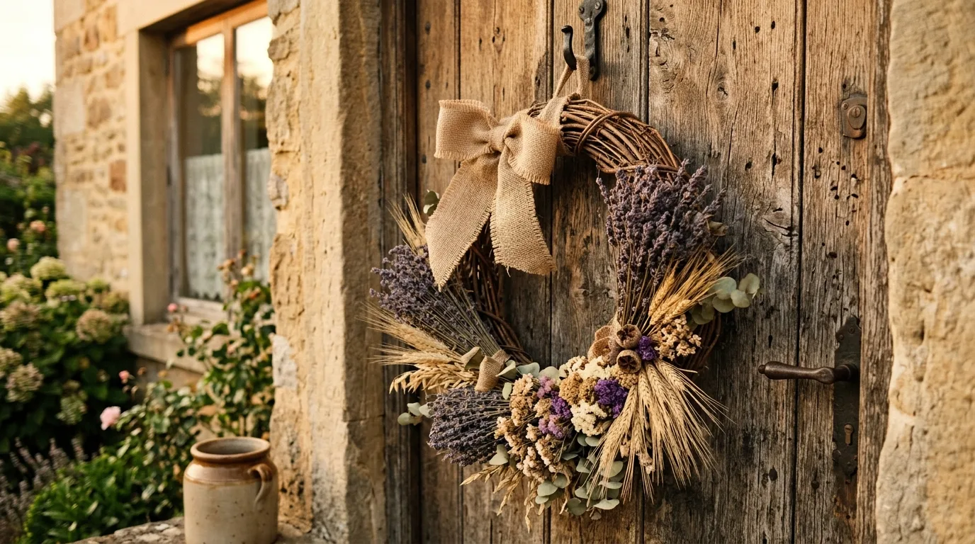 Rustic summer wreath with lavender, wheat stems, and burlap ribbon on a wooden door.