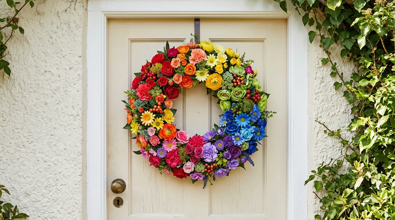 Bright rainbow flower wreath with multicolored blooms on a plain front door.