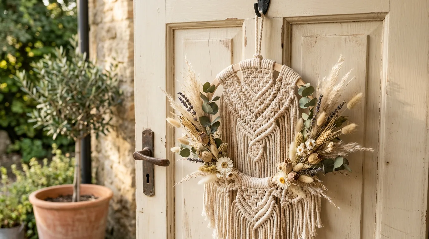 Boho macrame wreath with woven rope and dried flowers on a light-colored door.
