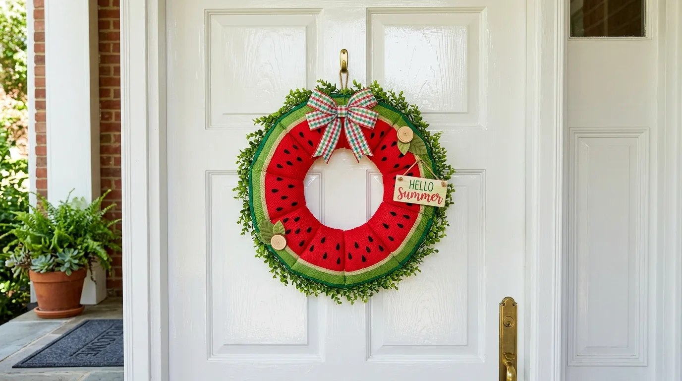 Watermelon-inspired summer wreath with red and green segments on a white door.