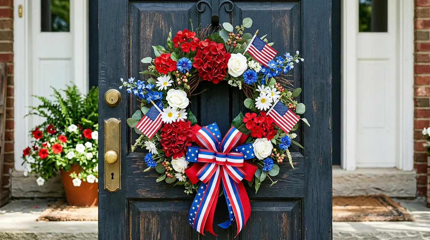 Patriotic summer wreath with red white and blue flowers and ribbon on a dark door.