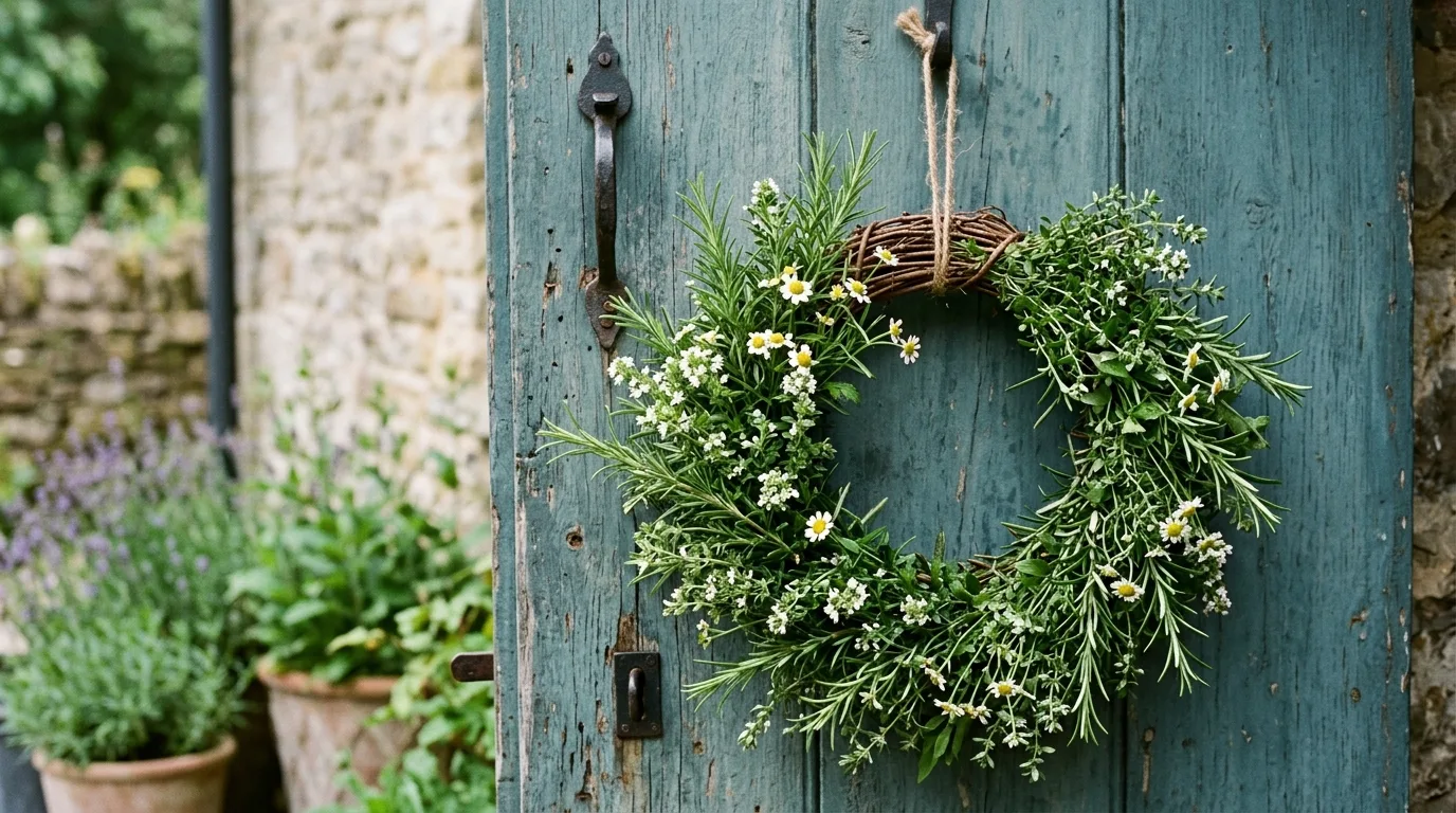 Herb garden wreath with rosemary, thyme, and white flowers on a rustic door.