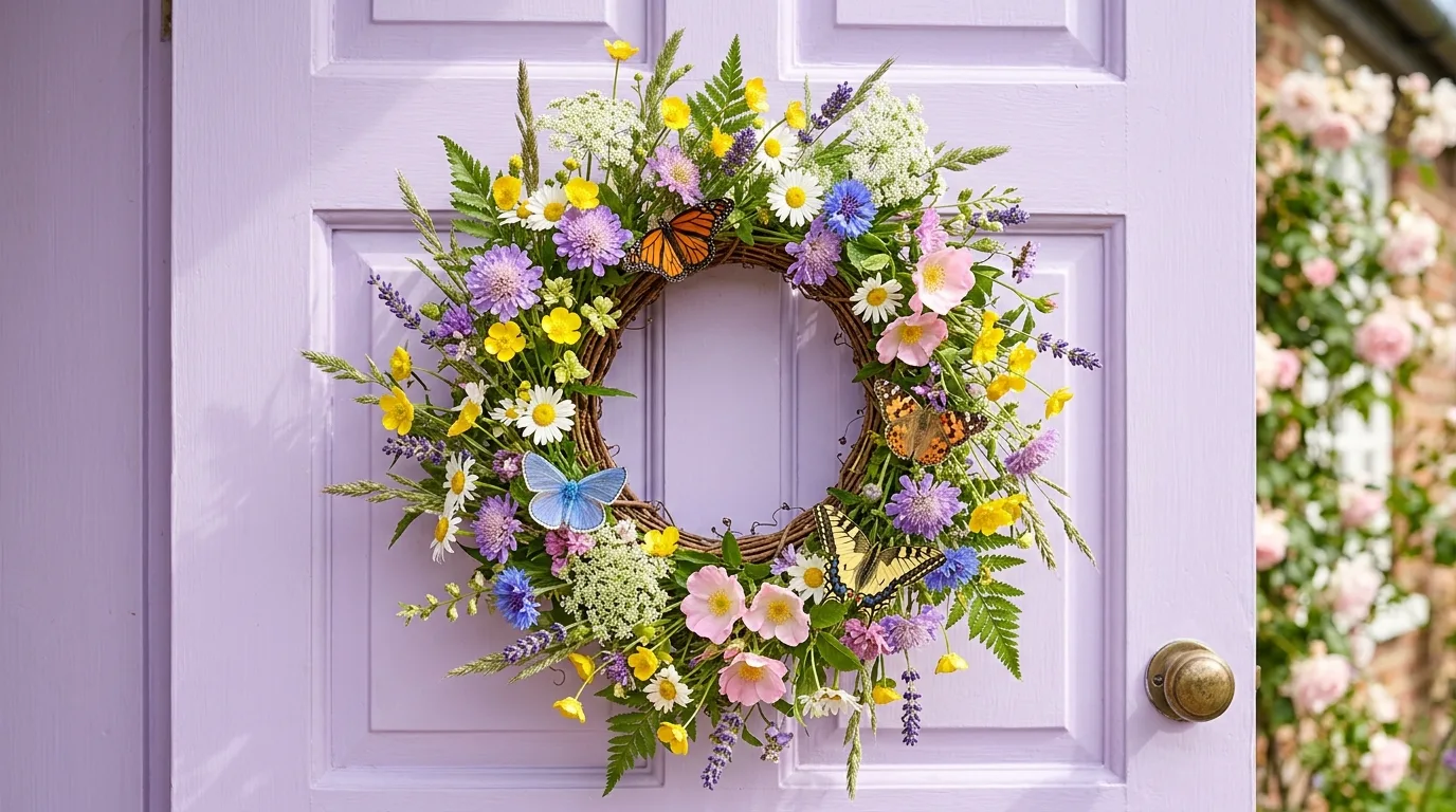 Butterfly and wildflower summer wreath on a pastel front door.