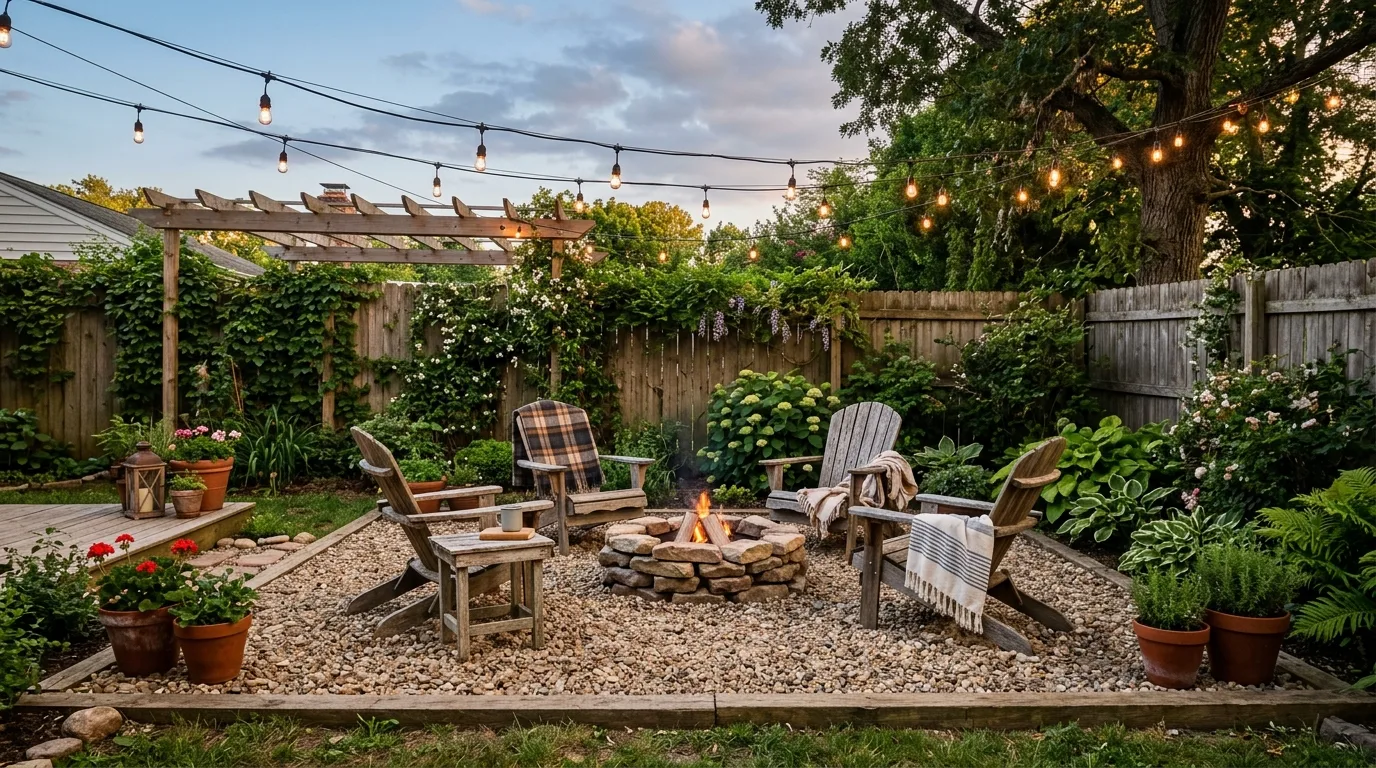 Budget backyard makeover with a gravel fire pit area, string lights, and Adirondack chairs.