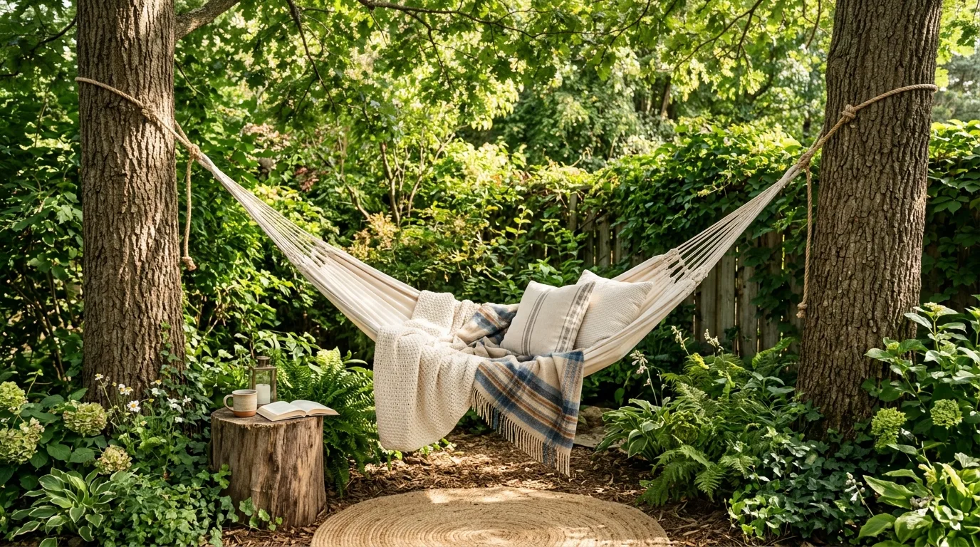 Backyard seating arranged around a simple budget-friendly fire pit.
