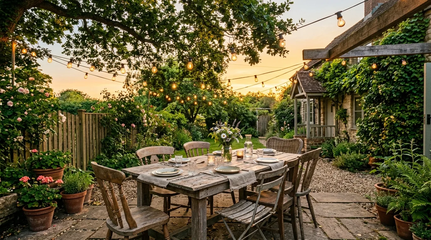 Budget backyard makeover using grouped planters and potted greenery.