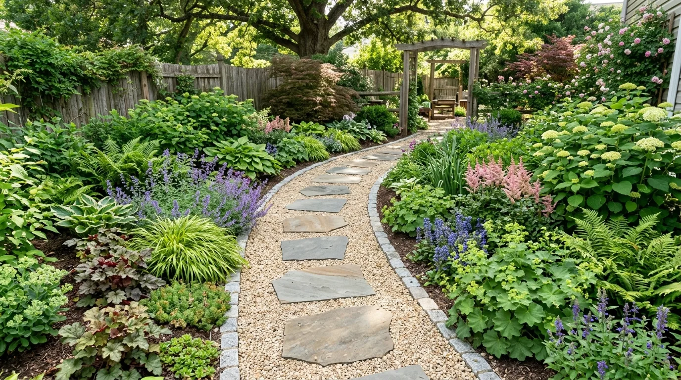 Affordable backyard refresh using gravel and mulch to define outdoor zones.