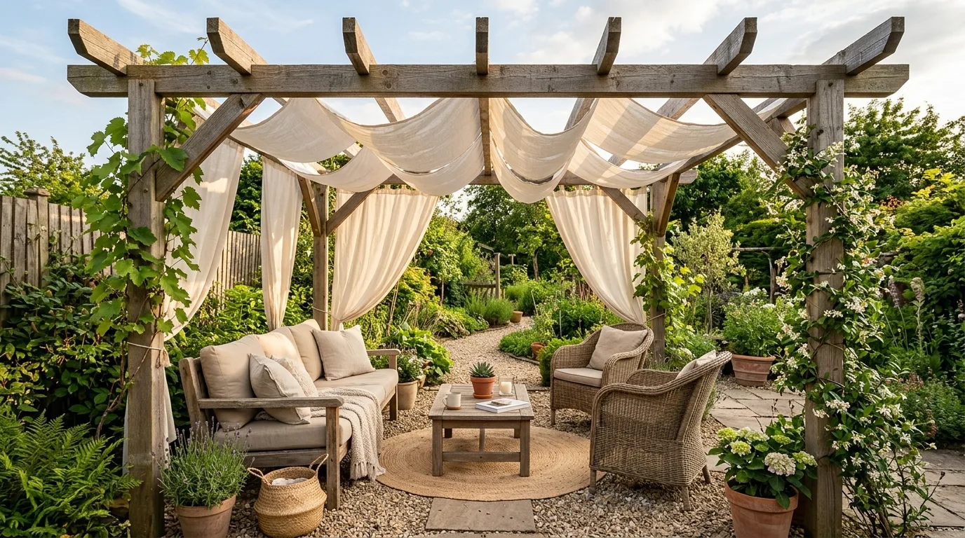 Backyard makeover with lanterns and simple lighting accents at dusk.