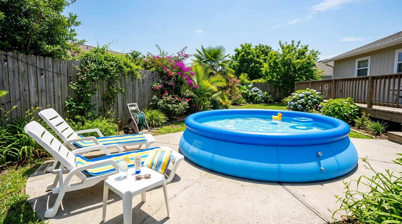 Completed budget backyard lounge area with seating, lights, and greenery.