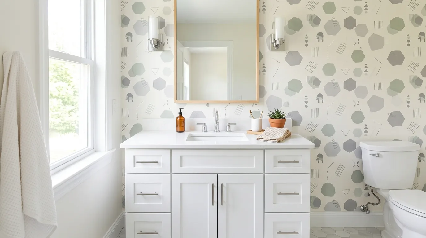 Budget bathroom DIY makeover with painted vanity, updated mirror, and fresh accessories.