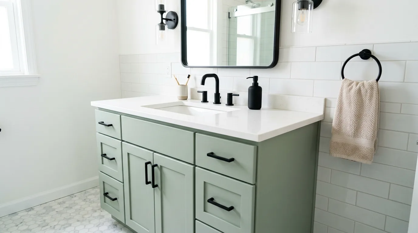 Budget bathroom DIY with upgraded hardware on vanity drawers and doors.