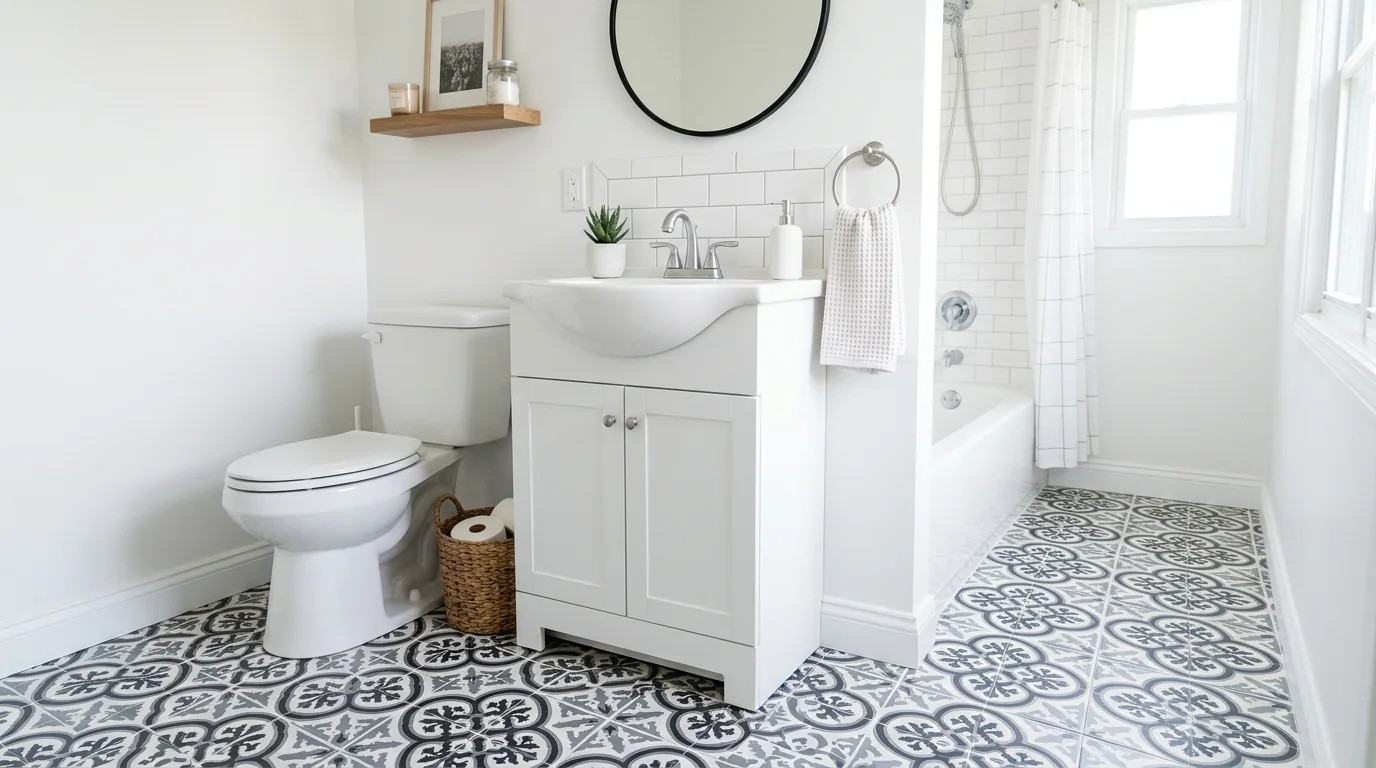 Bathroom makeover with peel-and-stick wallpaper on an accent wall.