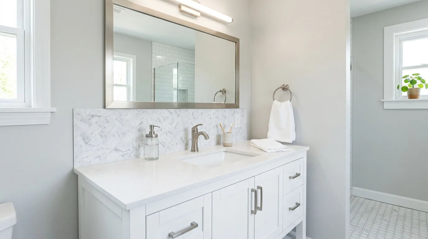 Budget bathroom refresh with new shower curtain, towels, and rug.