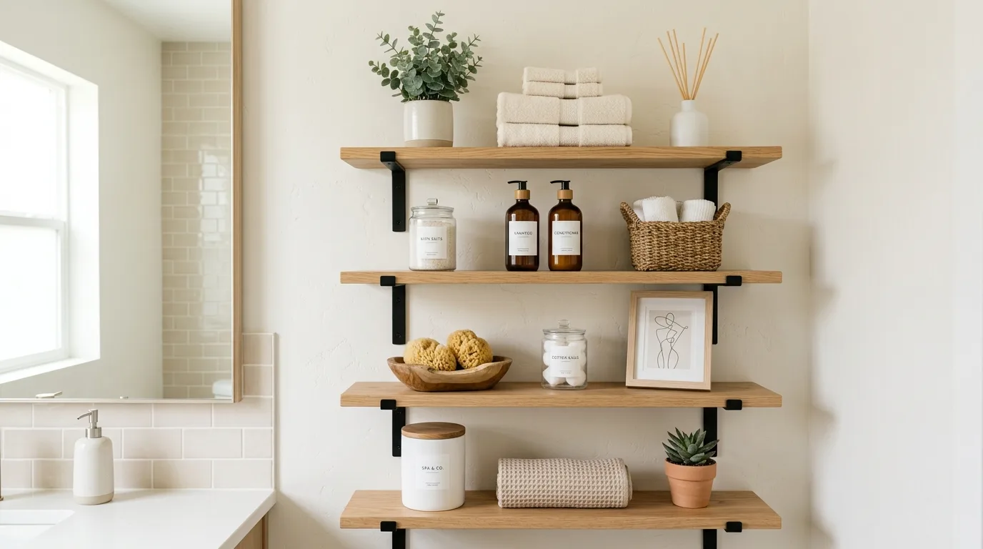 Bathroom vanity styled with a tray holding daily essentials.