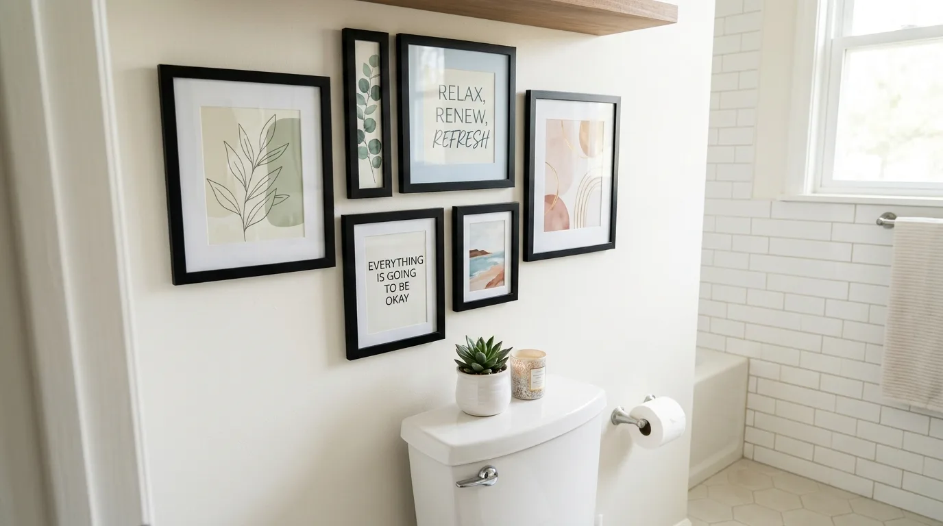 Affordable bathroom storage using baskets on shelves and under the sink.