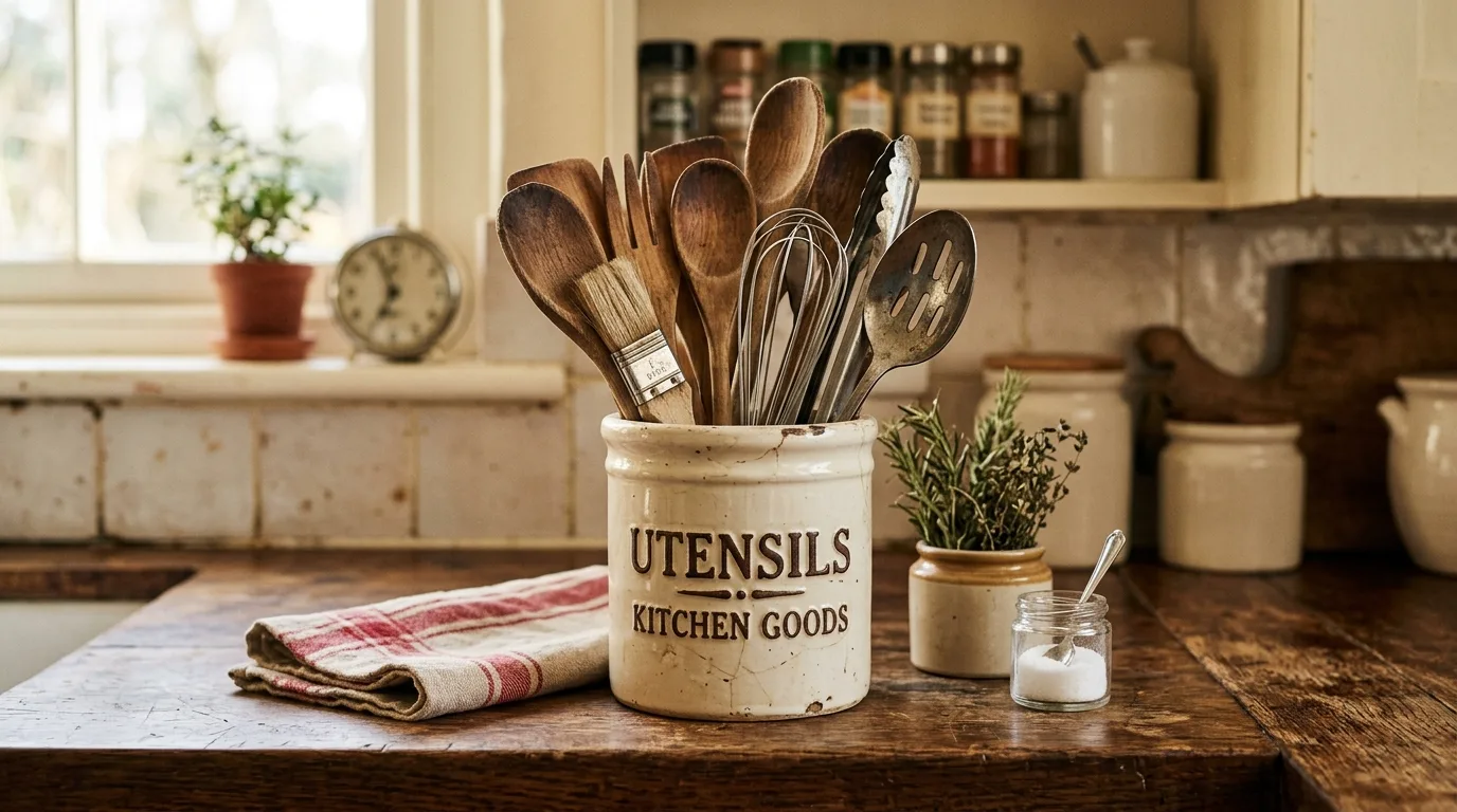 Retro-inspired kitchen with vintage canisters, bread box, scale, and warm nostalgic styling.