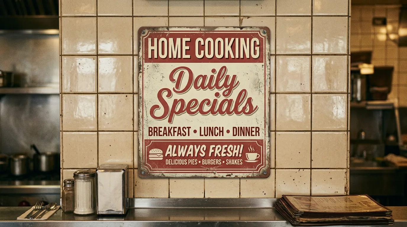 Retro enamel canister set displayed on a styled vintage-inspired kitchen shelf.