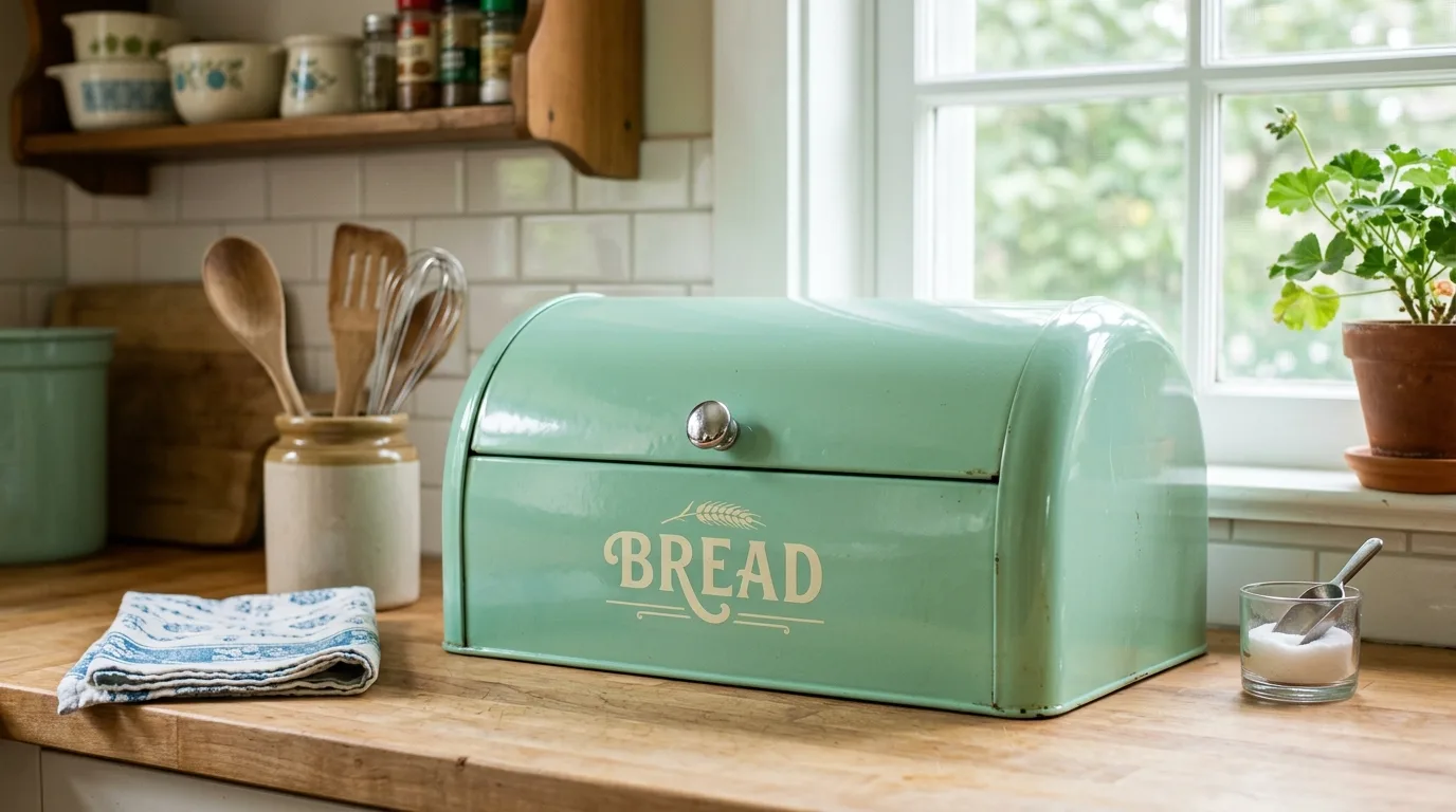 Retro kitchen styled with gingham tea towels and charming vintage accents.
