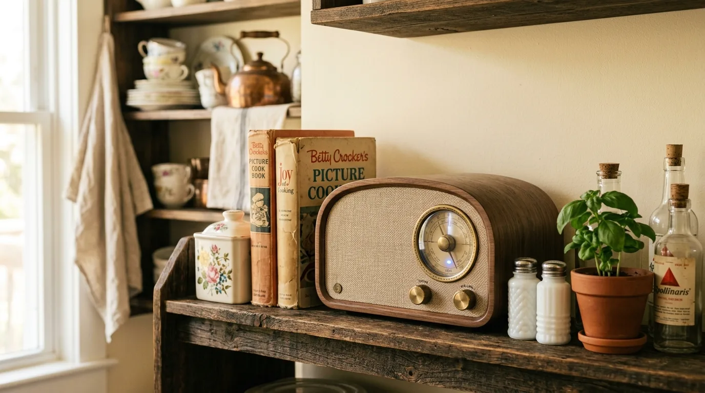 Vintage kitchen finds including retro tin trays and nostalgic wall accents.