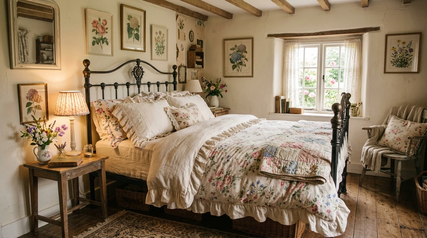 Enchanting cottagecore room with vintage wood furniture full of character.