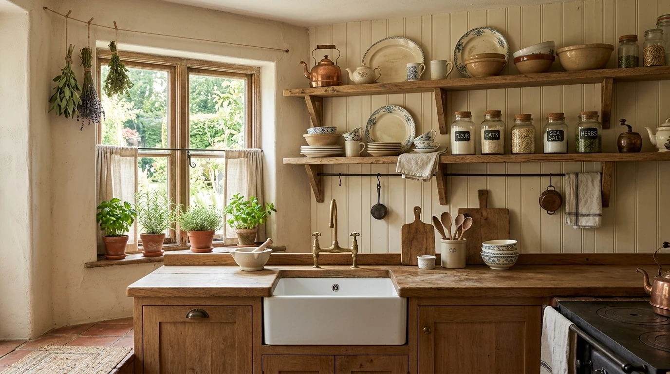 Romantic cottagecore decor using layered lace, linen, and quilt textures.