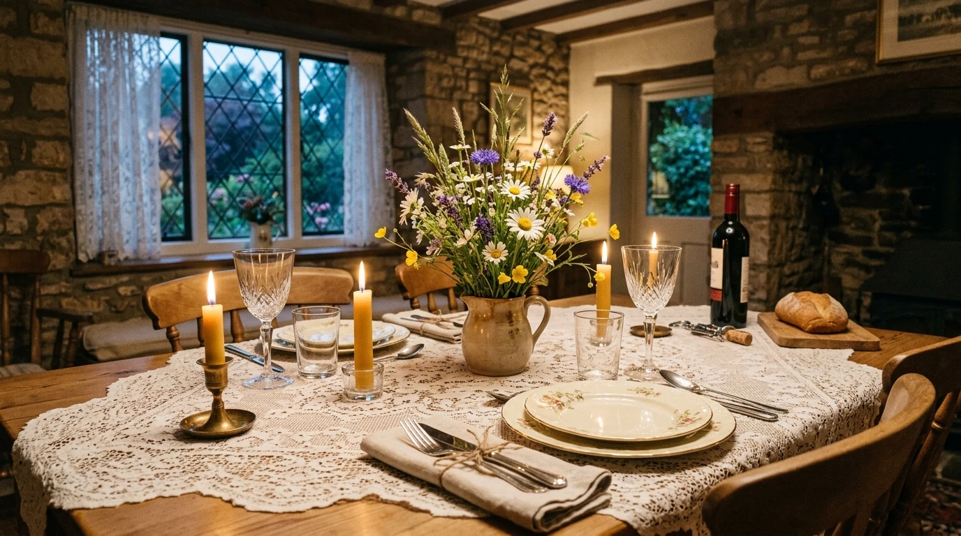 Cottagecore kitchen shelves styled with collected ceramics and vintage charm.