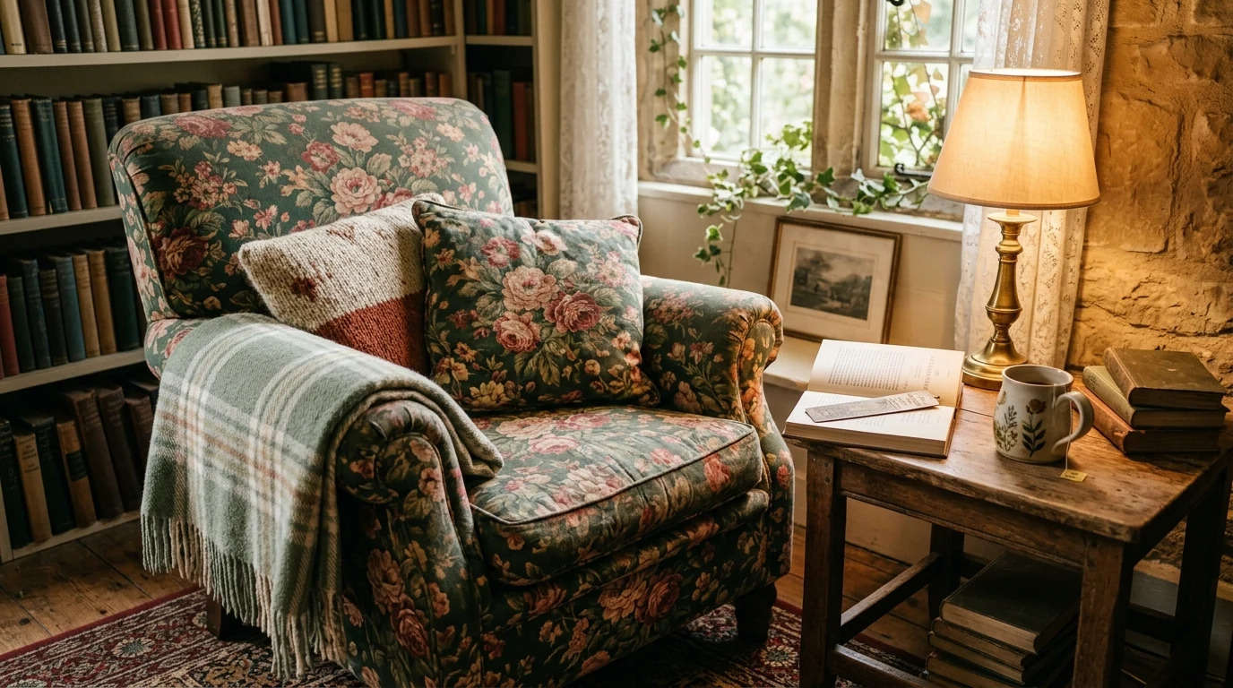 Cottagecore home styled with fresh flowers and garden branches indoors.