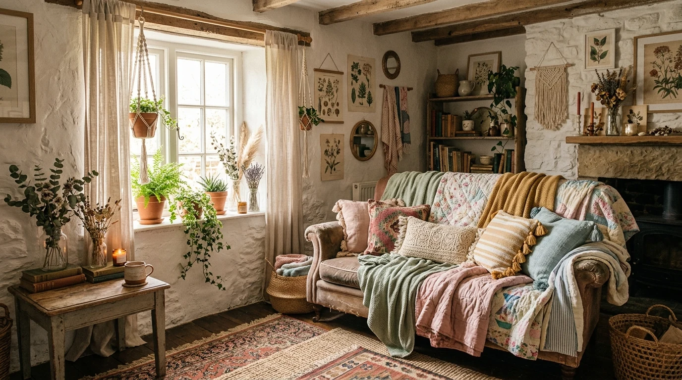 Romantic cottagecore reading nook with books and warm layered textiles.
