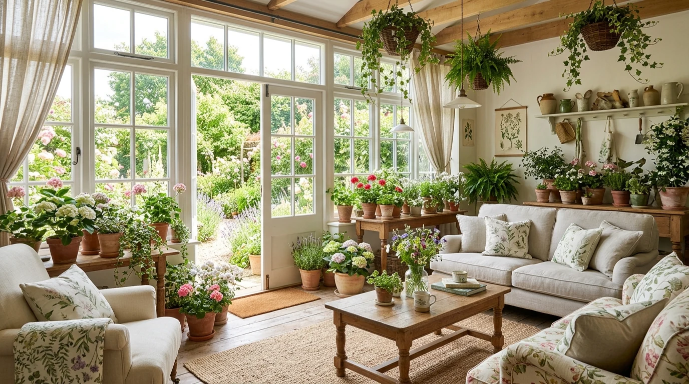 Cottagecore home decor with delicate curtains and soft natural light.